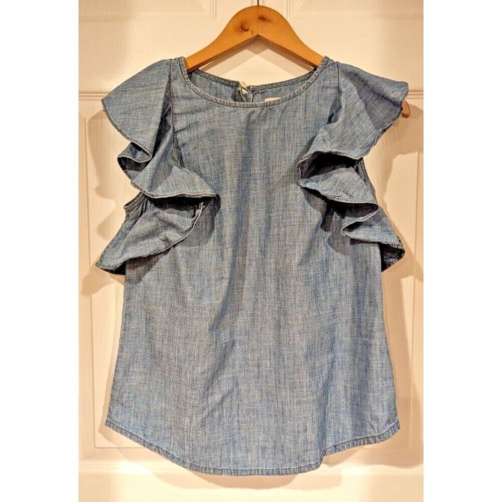 J.Crew Blue Chambray Ruffle Sleeve Shell Size 0 Flounce sleeve Ruffle Romantic